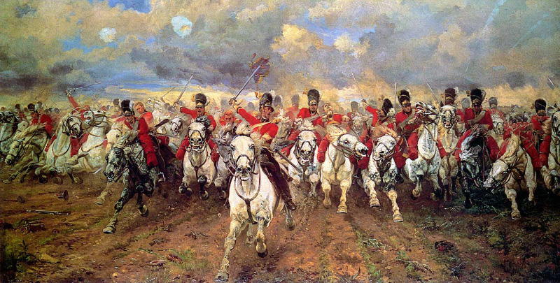 Атака шотландской кавалерии в битве при Ватерлоо. Художник Э. Томпсон